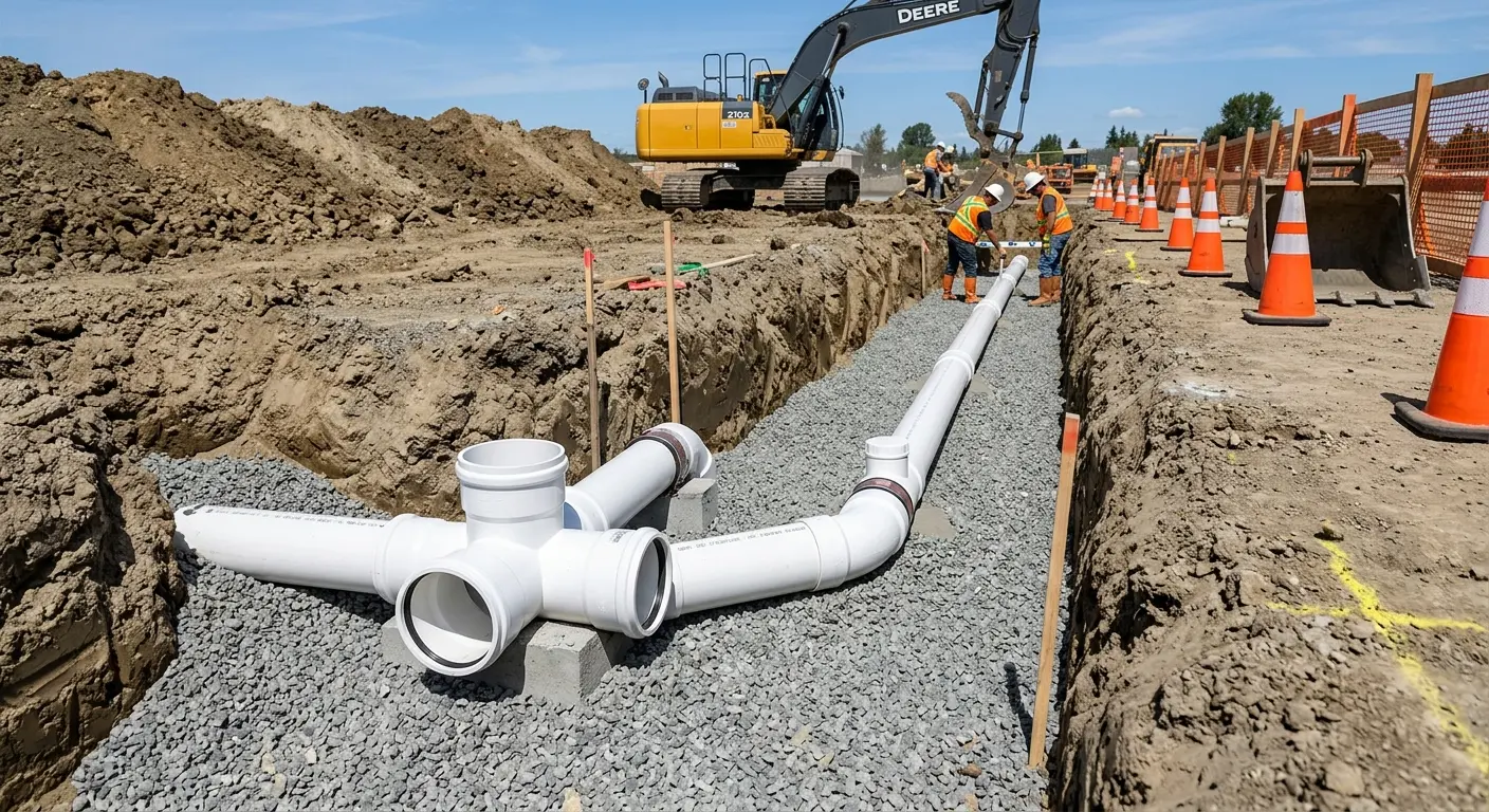 New PVC sewer pipe installation in open trench for Sewer Backup in Middleburg Heights
