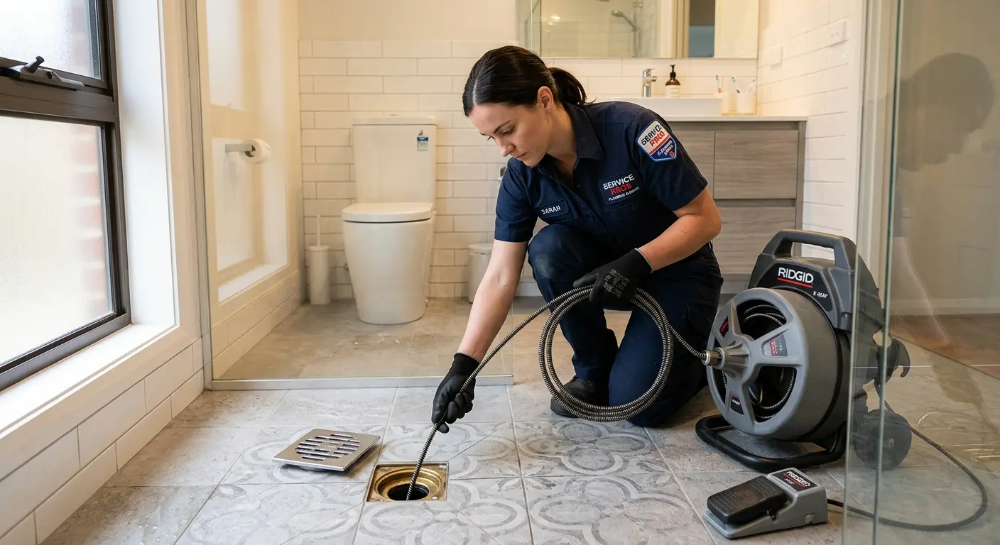 Technician clearing a bathroom floor drain for Sewer Line Installation in Middleburg Heights